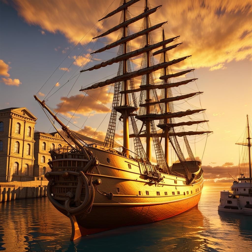 Golden Sunset Sailing Ship at Harbor