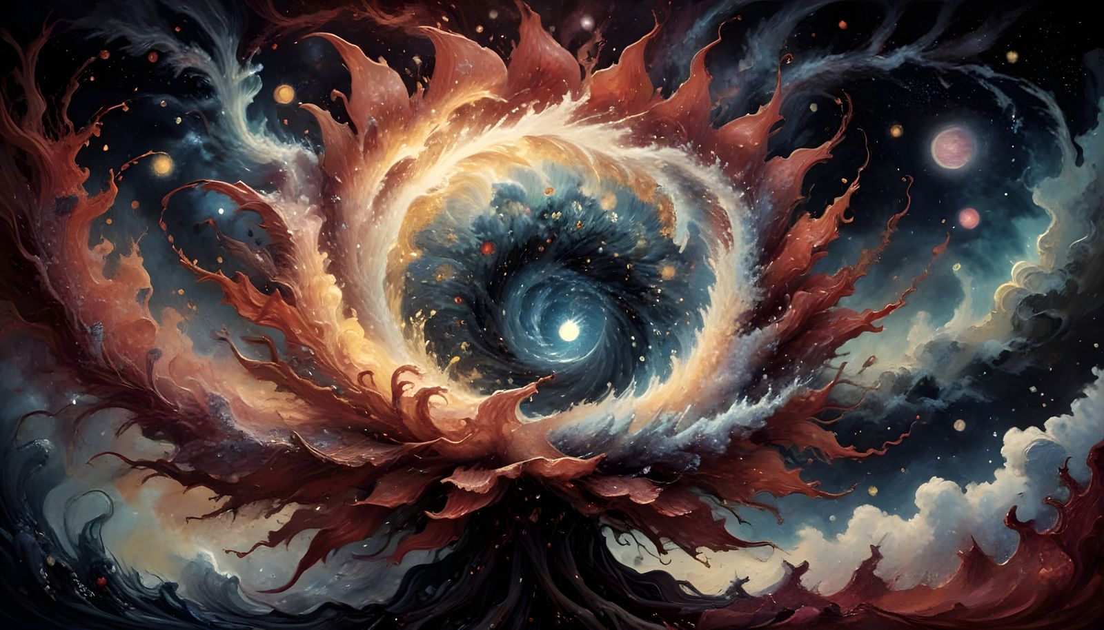 Cosmic Dreamscape with Swirling Rubies and Diamonds