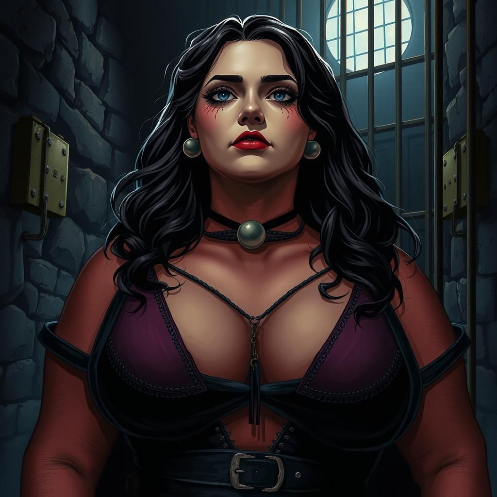 Gothic Plus-Size Woman in Dark Surrealist Prison Cell