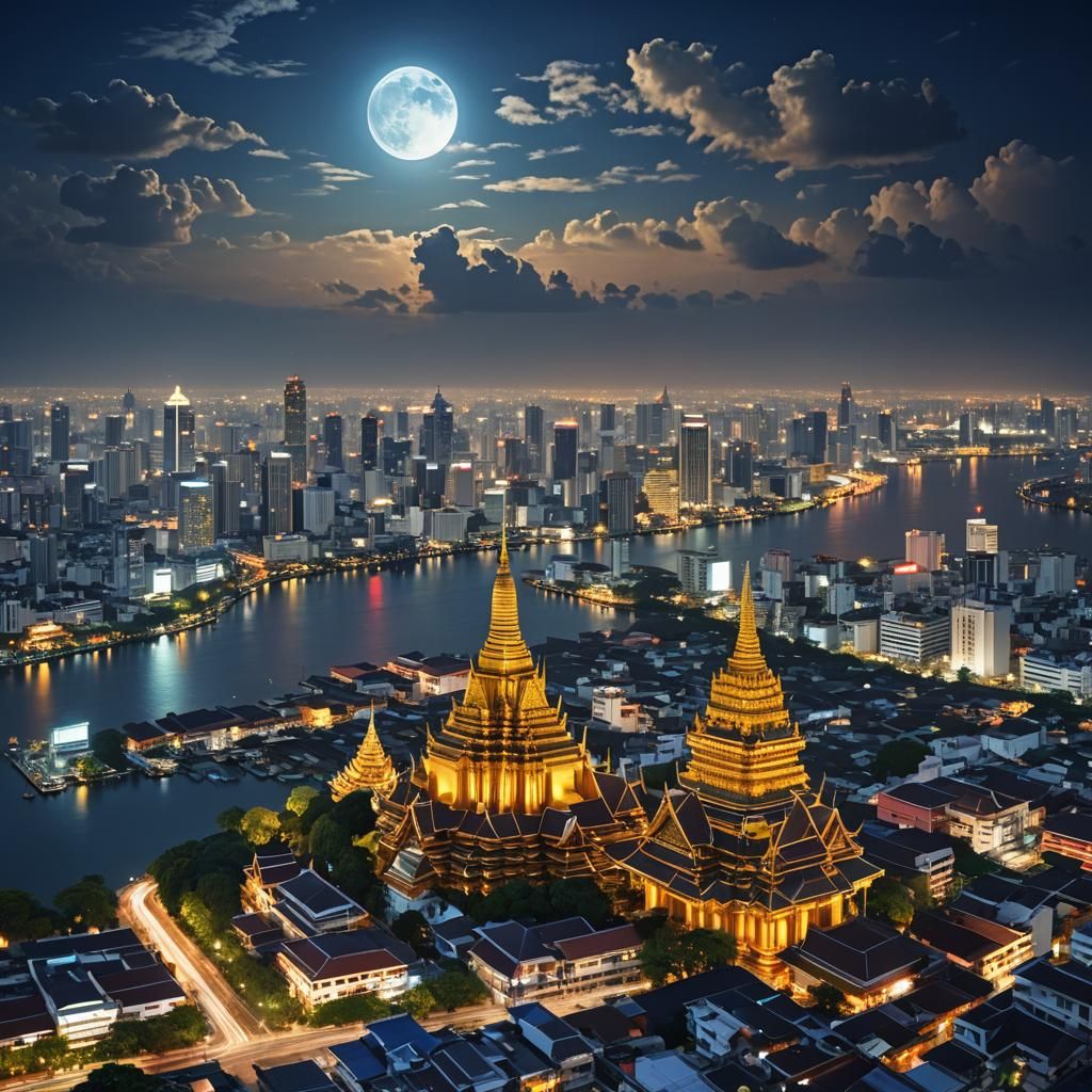 Bangkok Nightscape: Illuminated Temple and City Lights