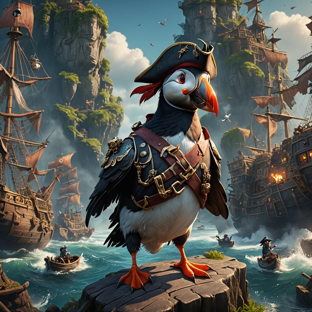 Pirate Puffin in Detailed Matte Painting Style