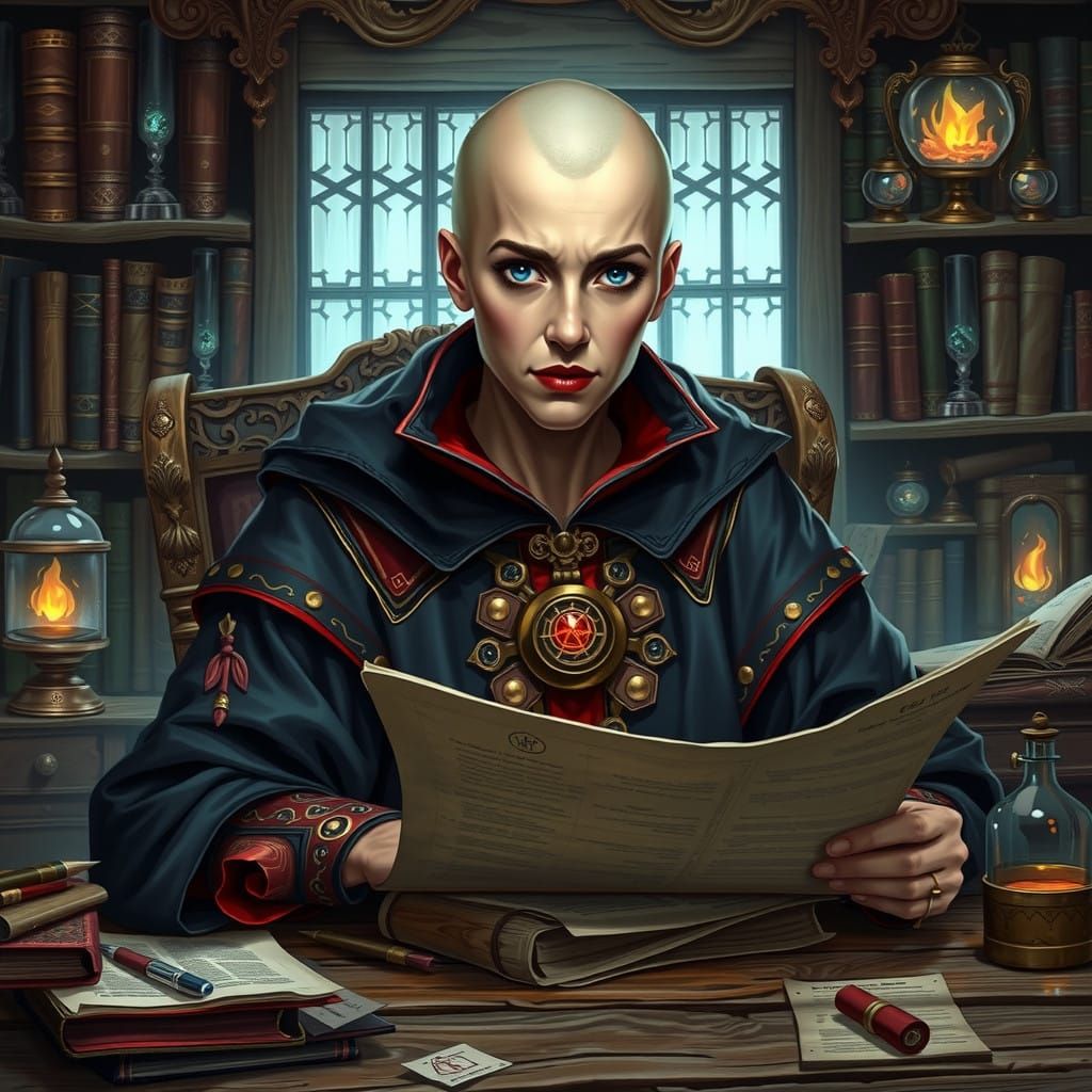 Thayan Wizard Examines Ancient Tomes Behind Cluttered Oaken...