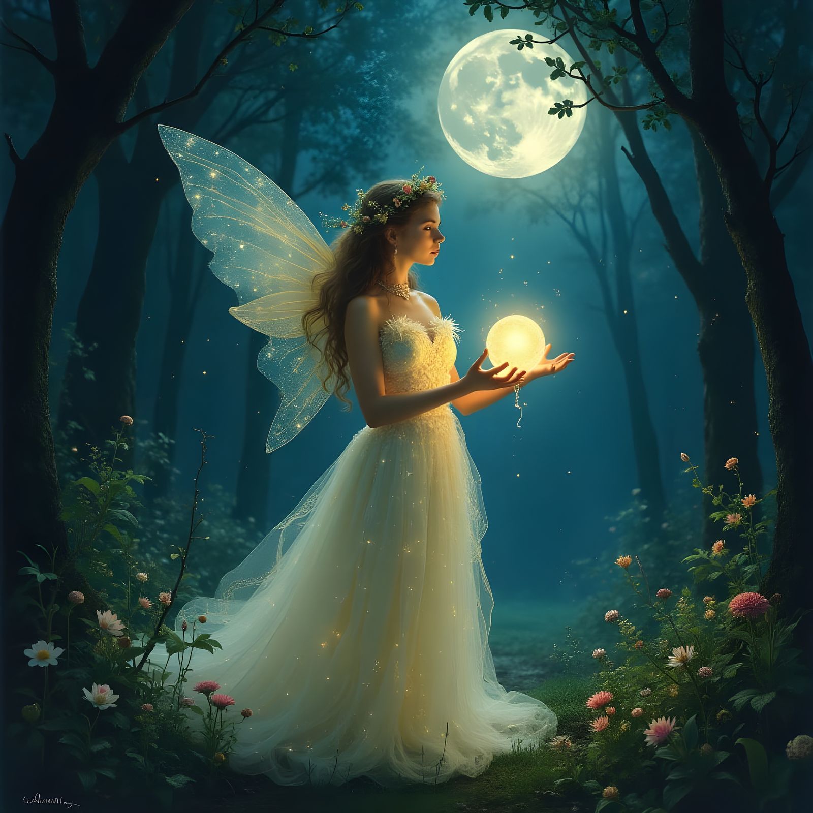 Serene Fairy Princess in a Moonlit Glade with Ethereal Light