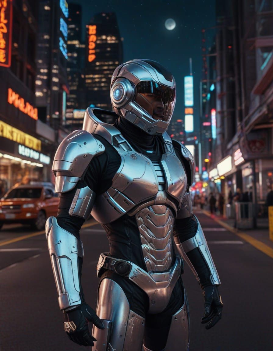 Futuristic Hero in Neon Canyon City