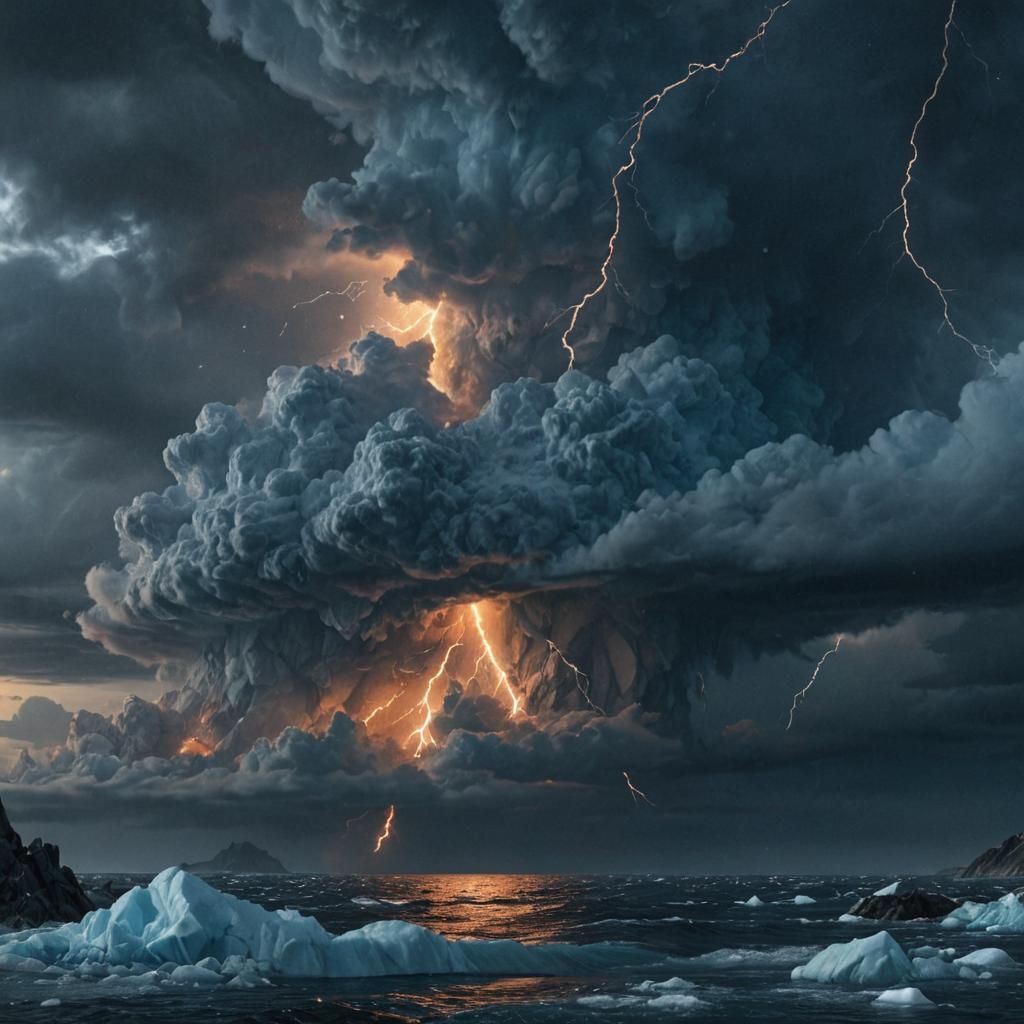 Lightning Strikes Arctic Ocean: Watercolor Matte Painting
