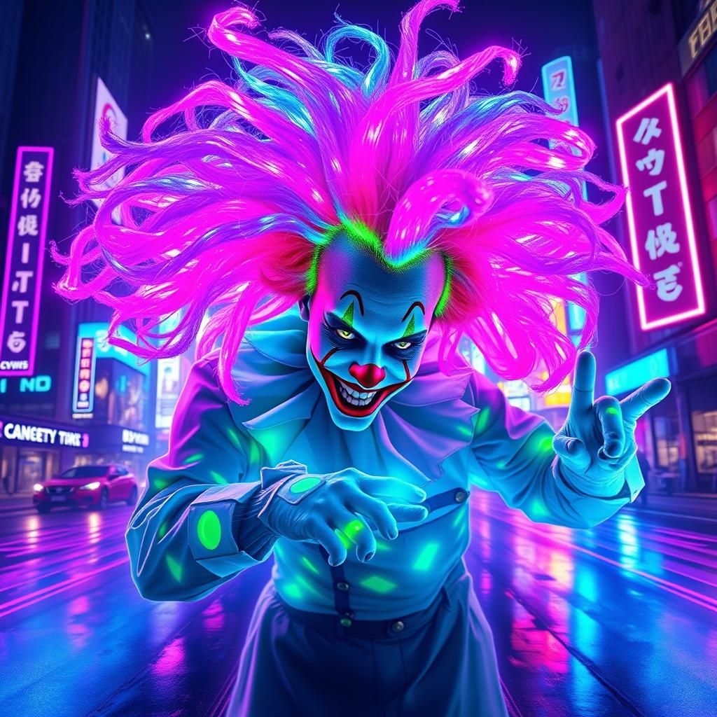 Radiant Neon Clown in Electric Cityscape