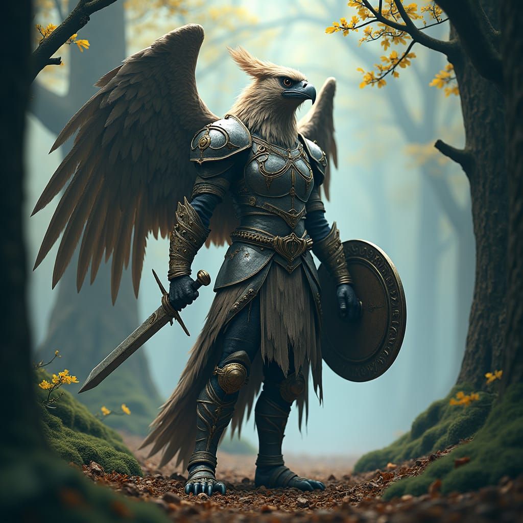 Eagle Warrior in Mystical Forest, Matte Painting