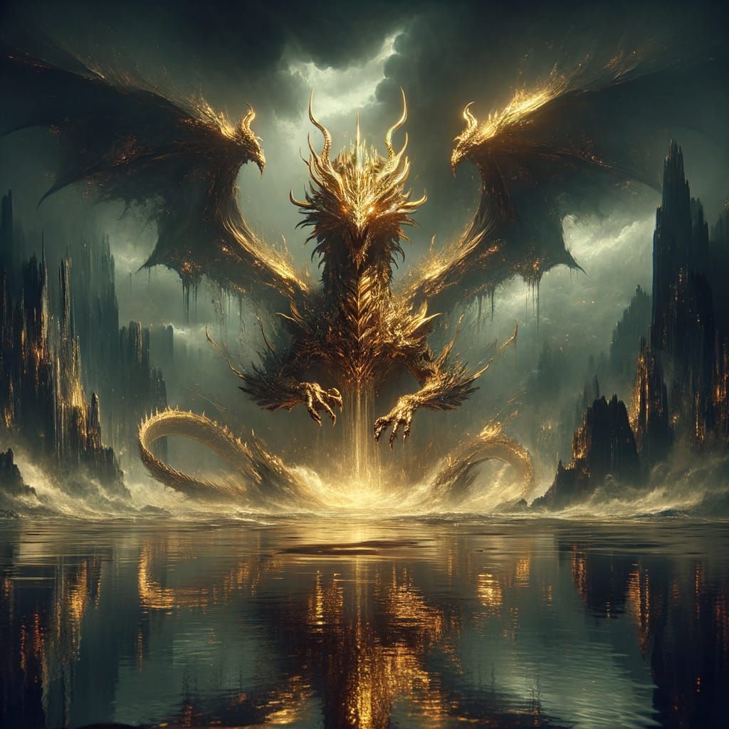 Epic Dark Fantasy: Golden Dragon Ascends from Primordial Ooz...
