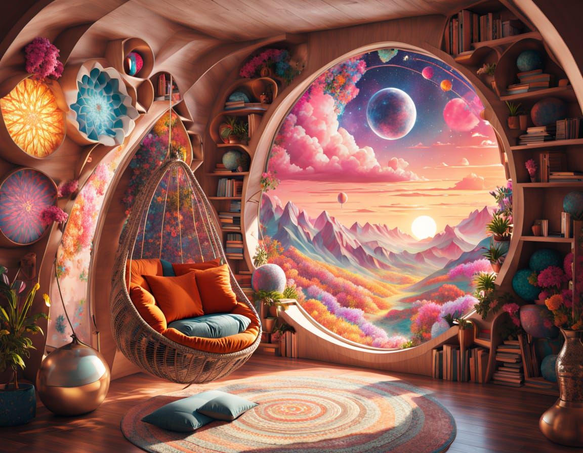 A reading nook with a portal.