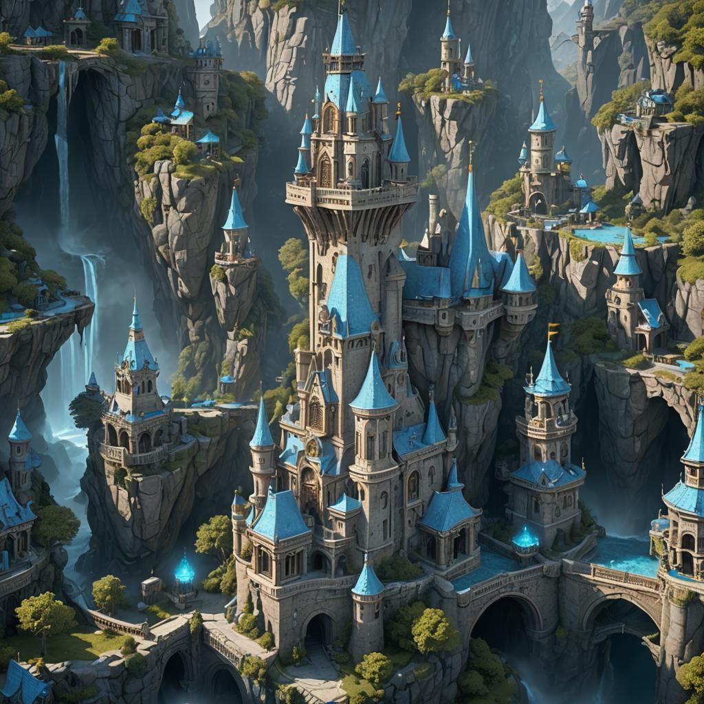 Fantastical Light Blue Castle: Detailed Matte Painting