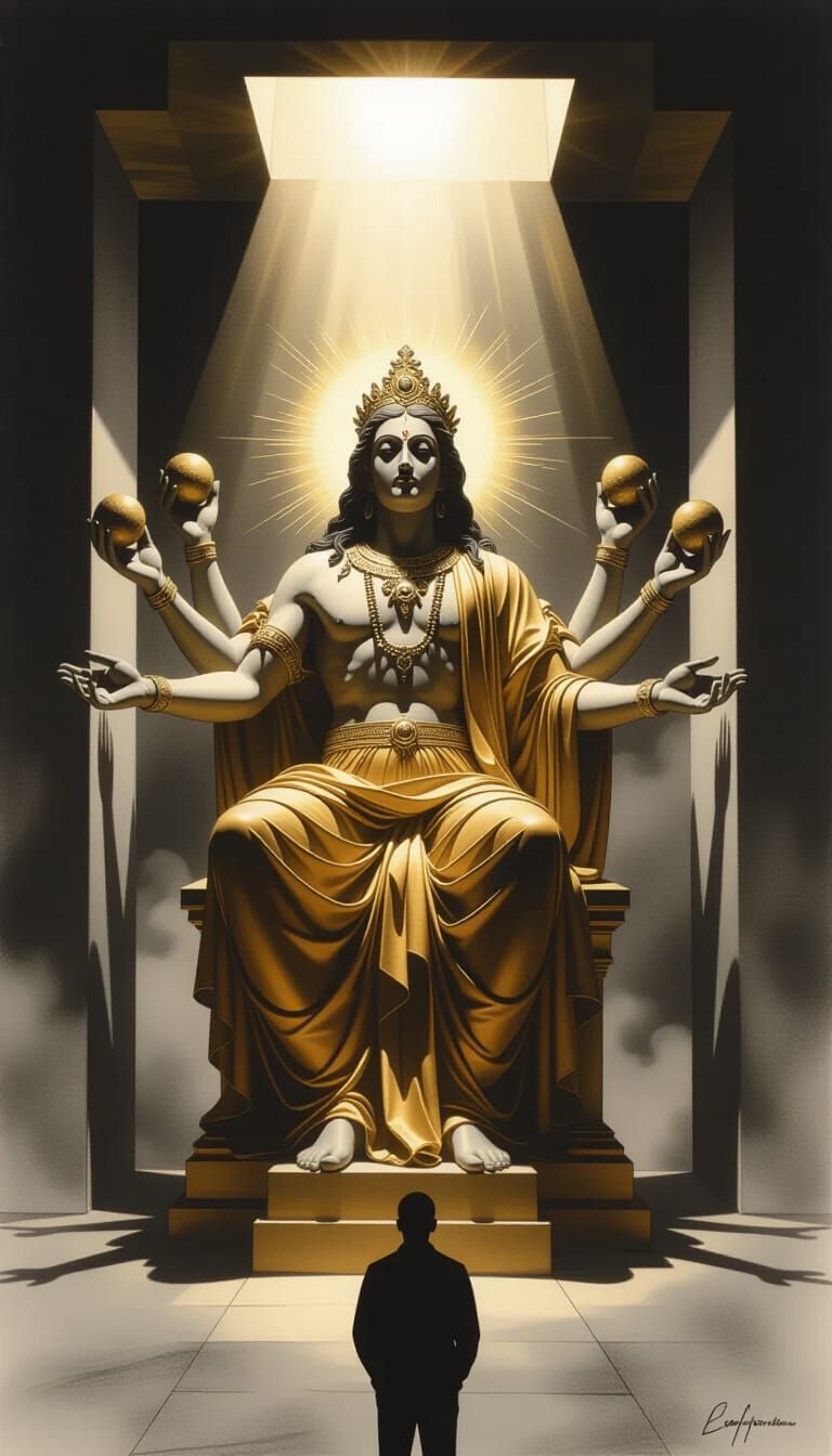 Detailed Charcoal Drawing of Multi-Armed Deity in Geometric ...