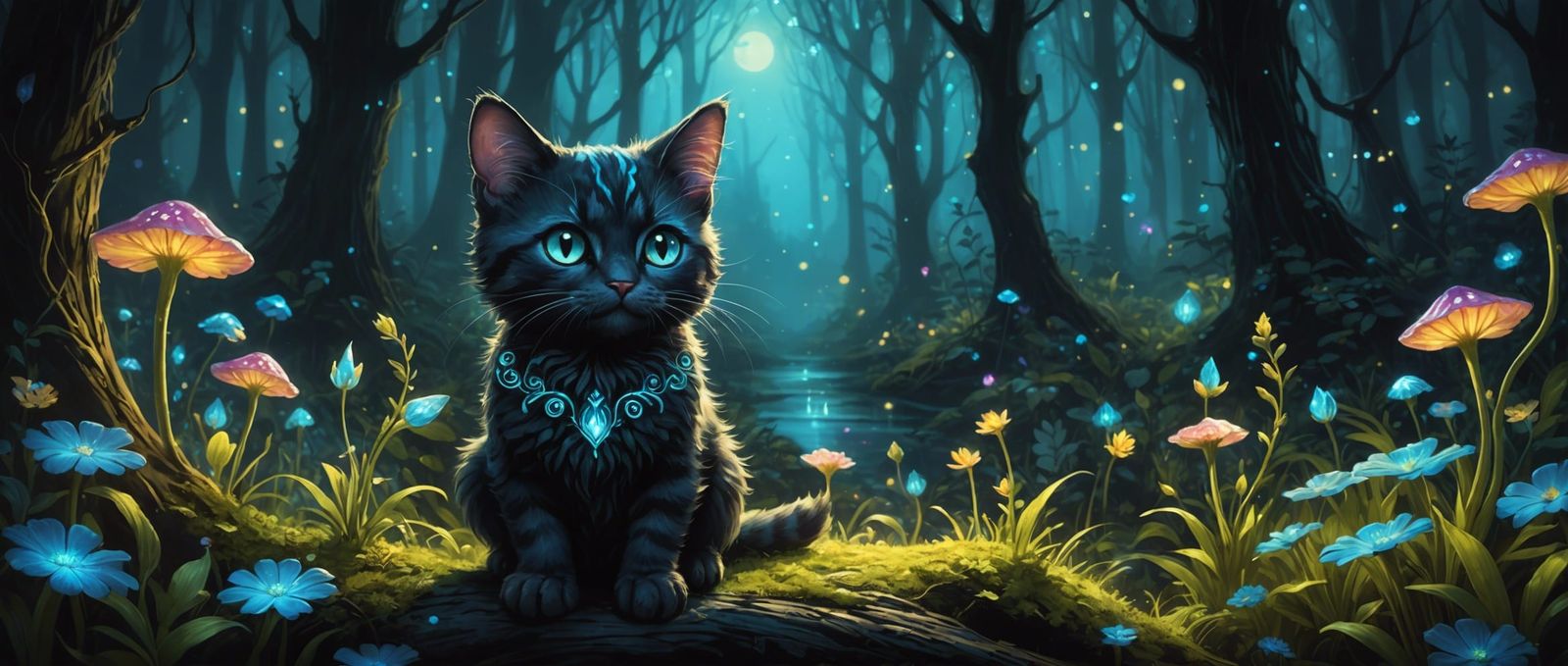 Bioluminescent Fairy Cat in Dark Fantasy Forest
