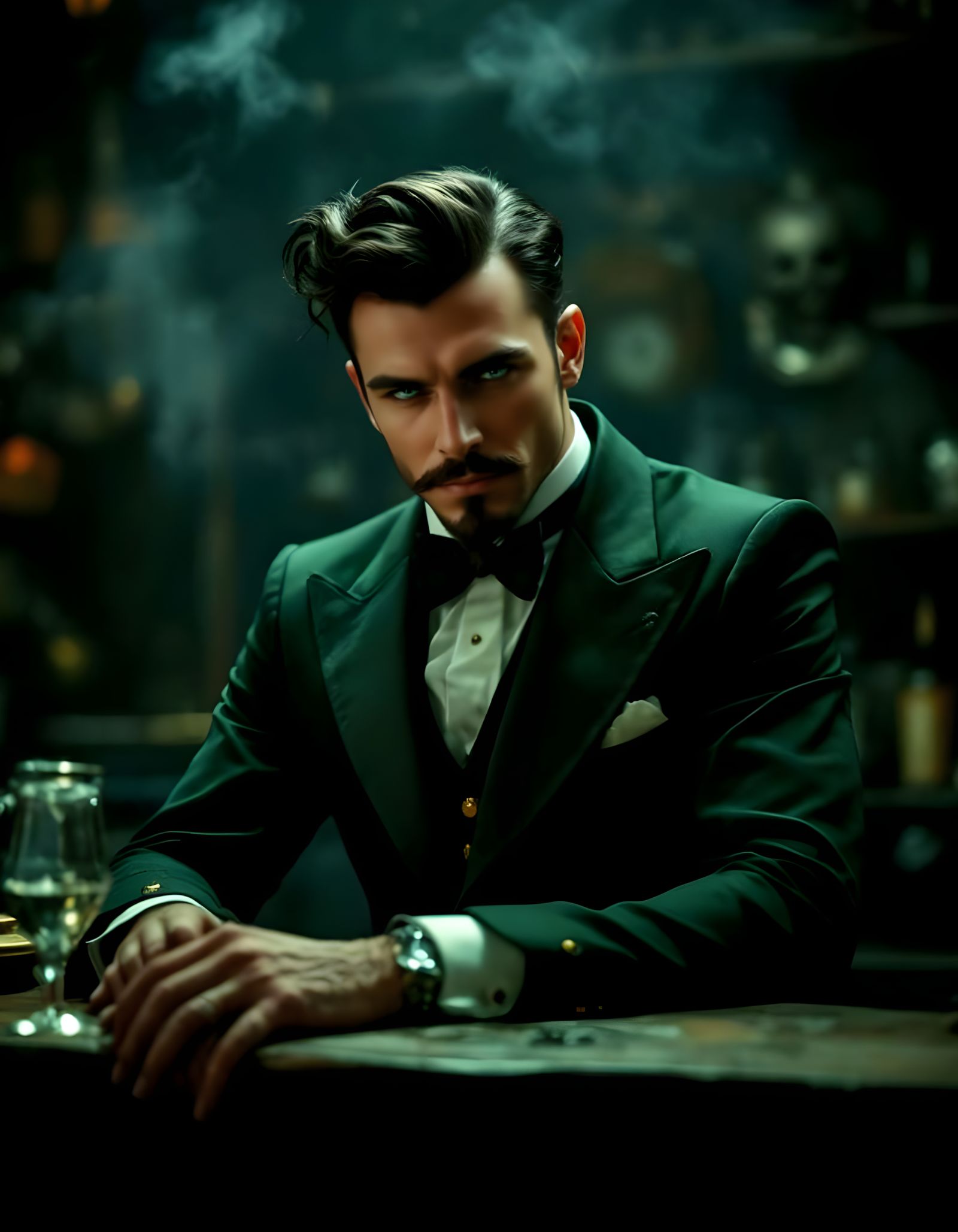 Steampunk Man in Dark Pawn Shop with Sinister Smile