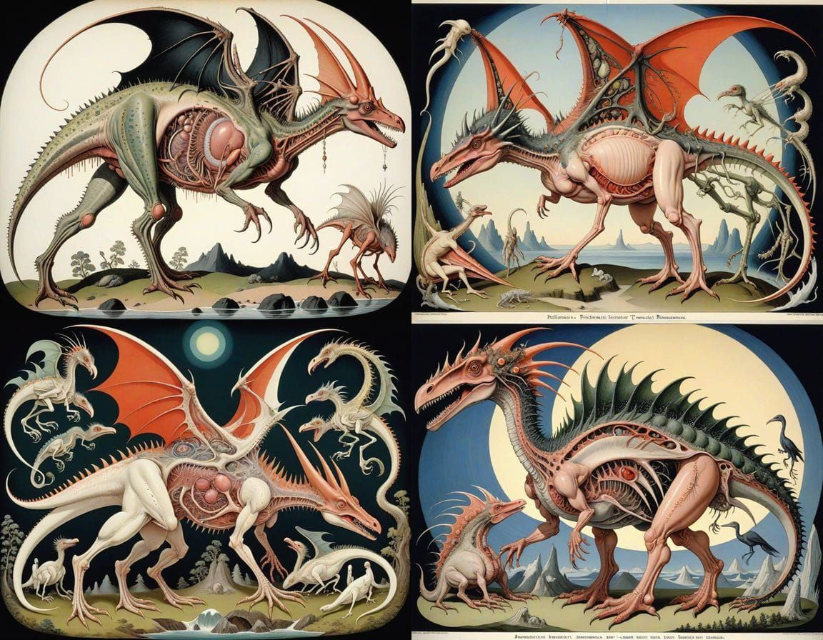 Surreal Prehistoric Homunculus with Pterodactyl and Stegosau...