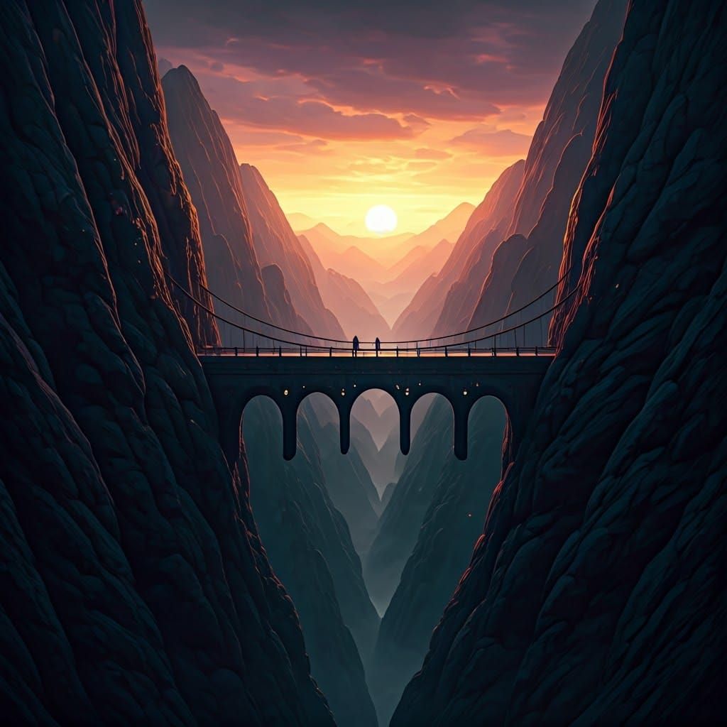 Mystical Bridge Between Mountains in Art Nouveau Style