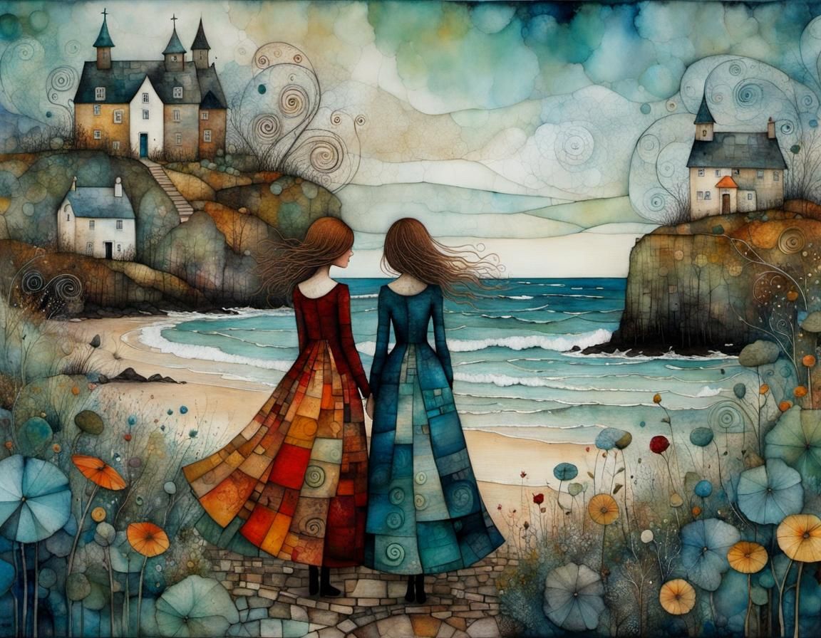 Sisters Explore Seashore Garden in Scandinavian Folk Art