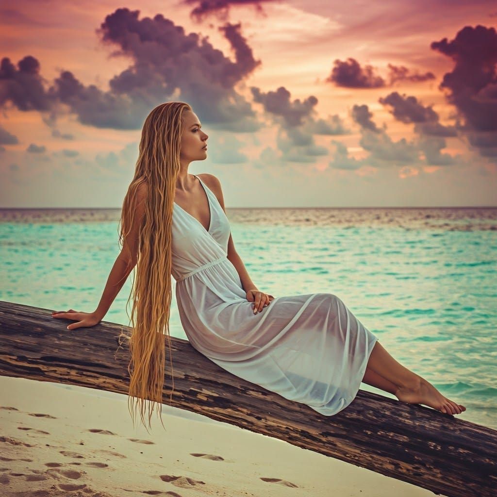 Blonde Woman on Maldives Beach at Sunset
