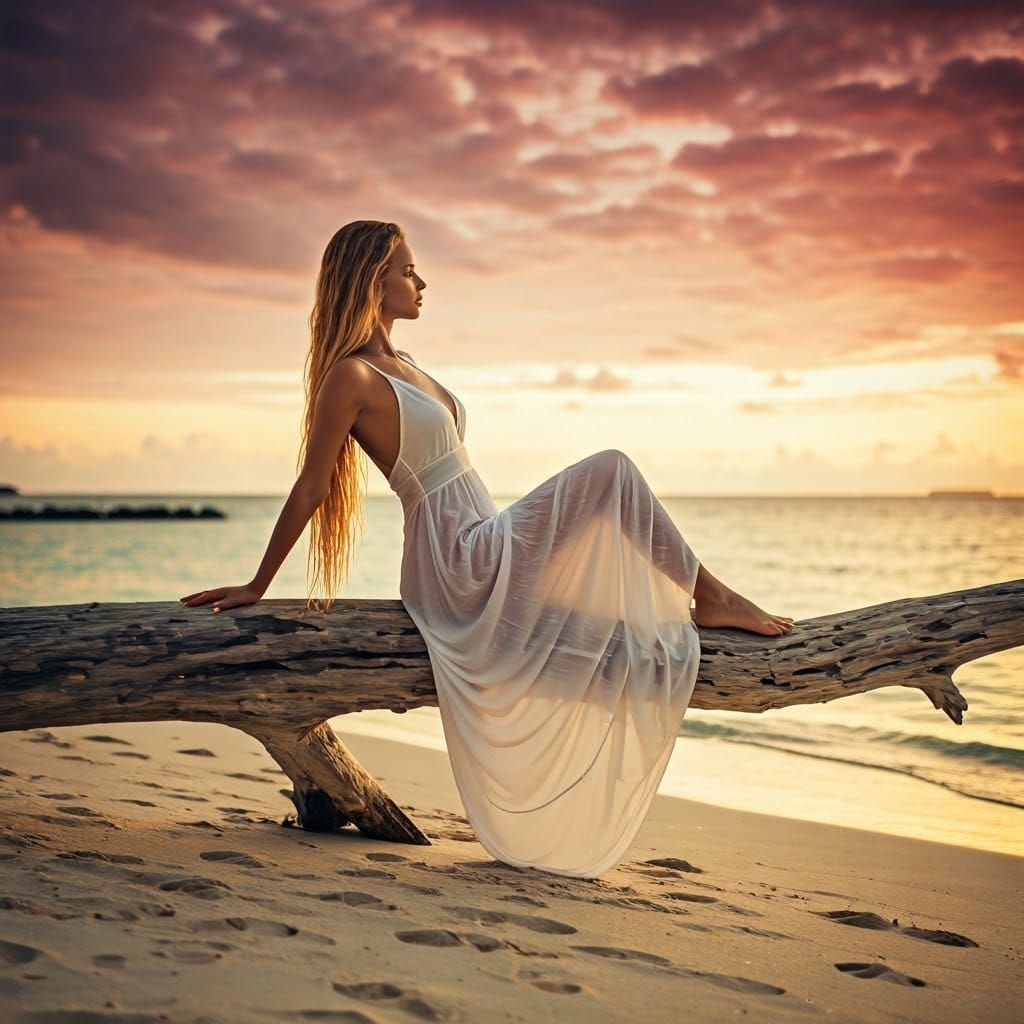 Woman on Maldives Beach at Sunset