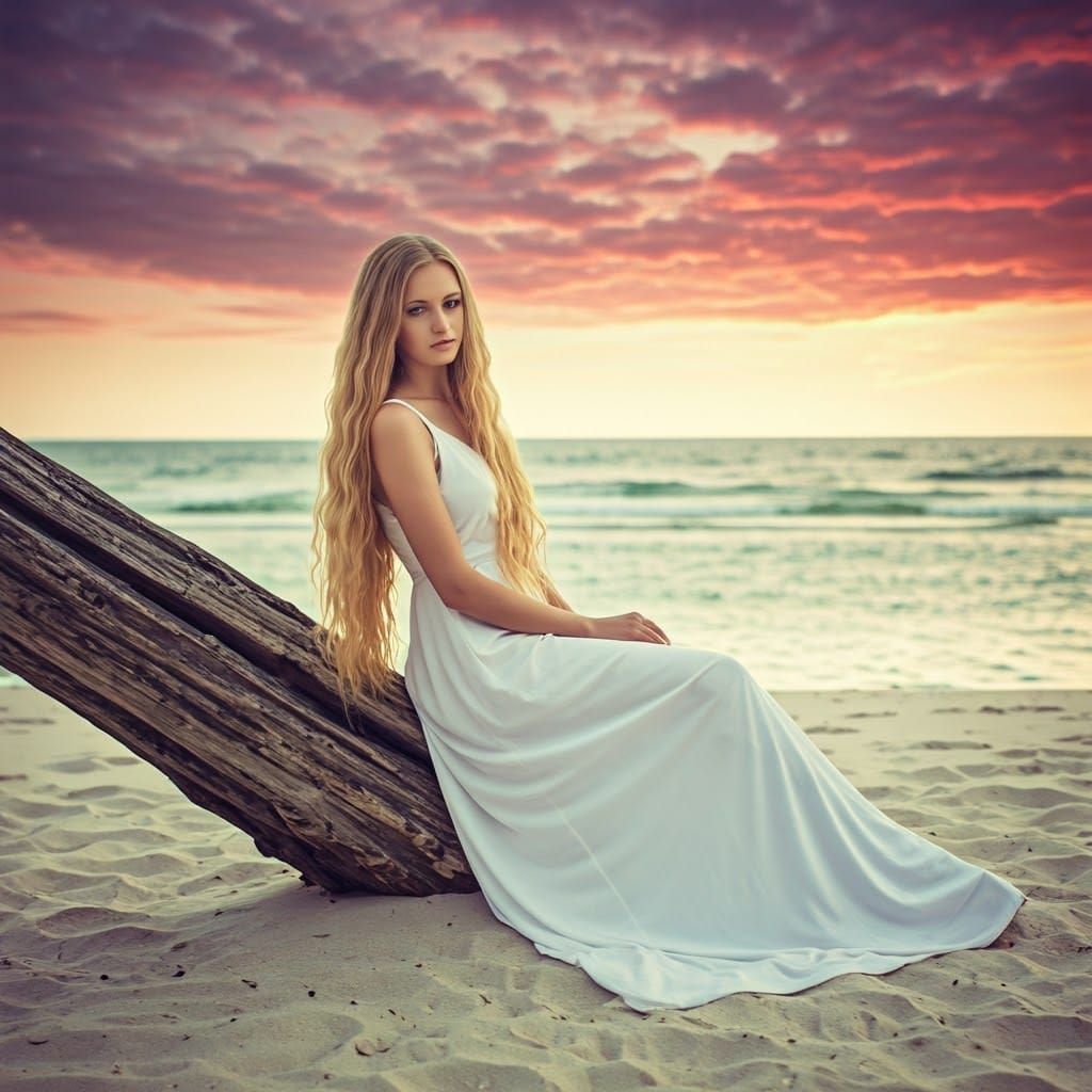 Woman in White Gown on Beach at Sunset