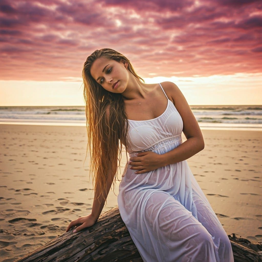 Woman on Beach at Sunset in Golden Light