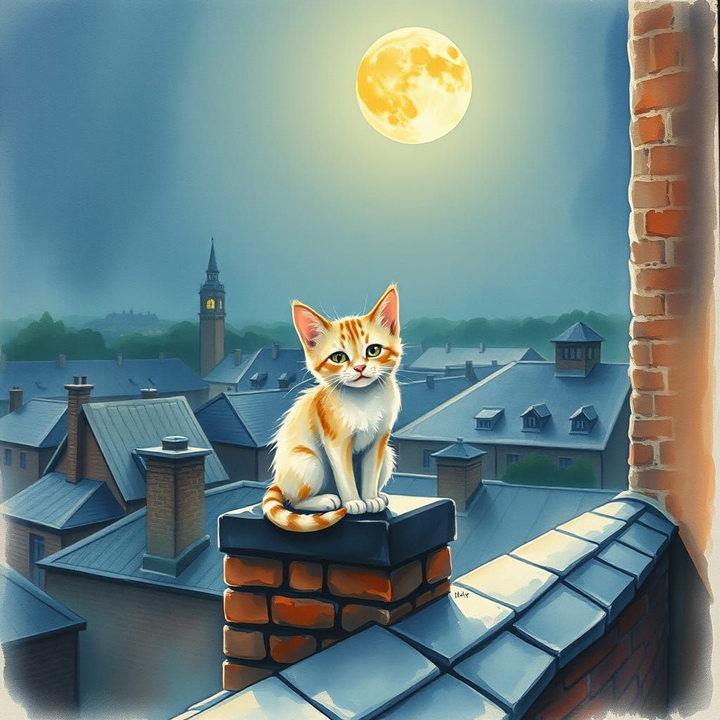 Kitten on Moonlit Rooftop in Abstract Watercolour Style