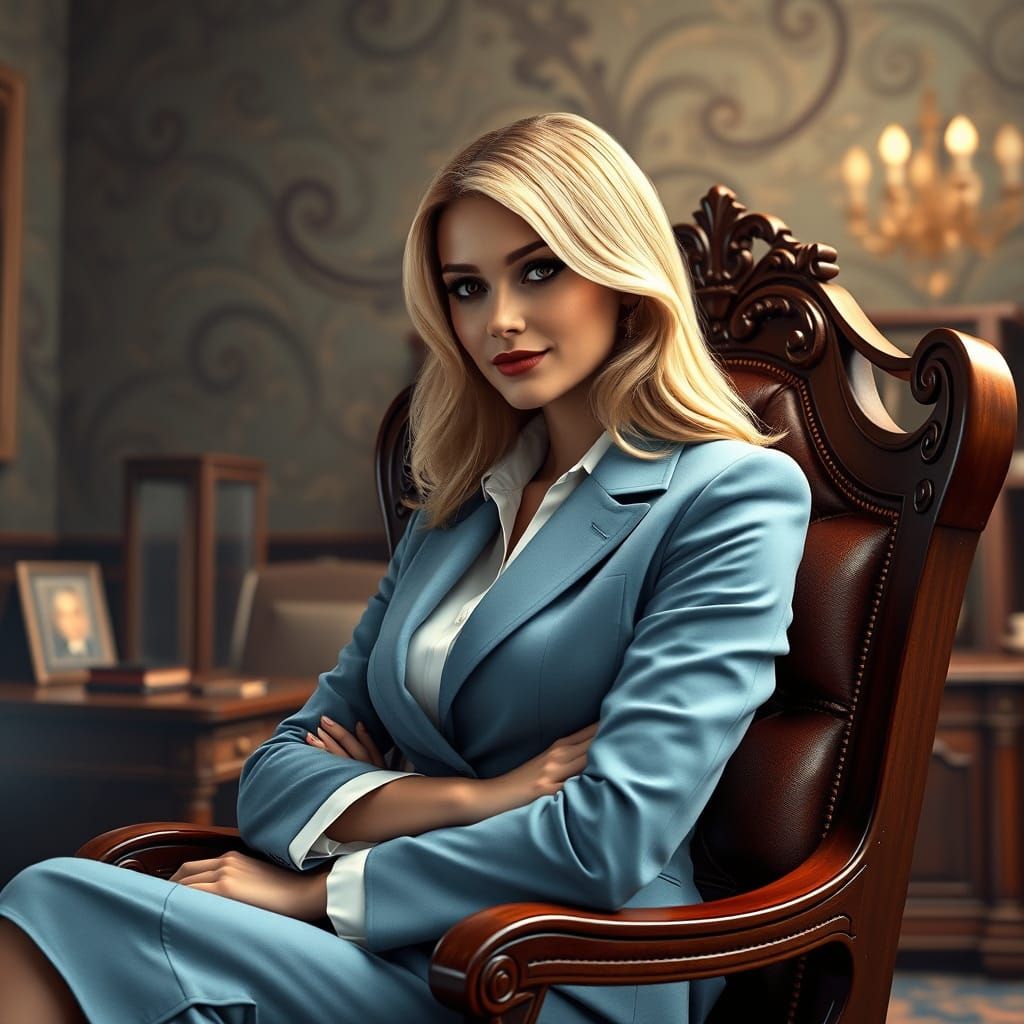 Confident Businesswoman in Pastel Blue Skirt Suit, Seated in...