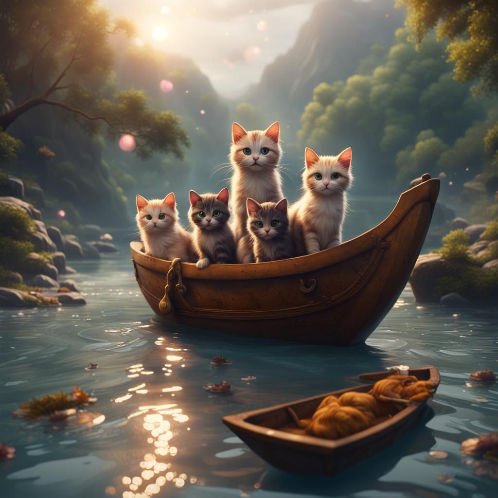 Charming Feline Family's River Journey