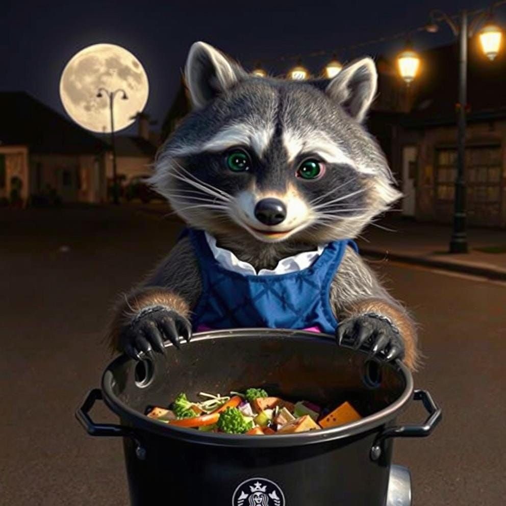Whimsical Raccoon Dining Under the Full Moon