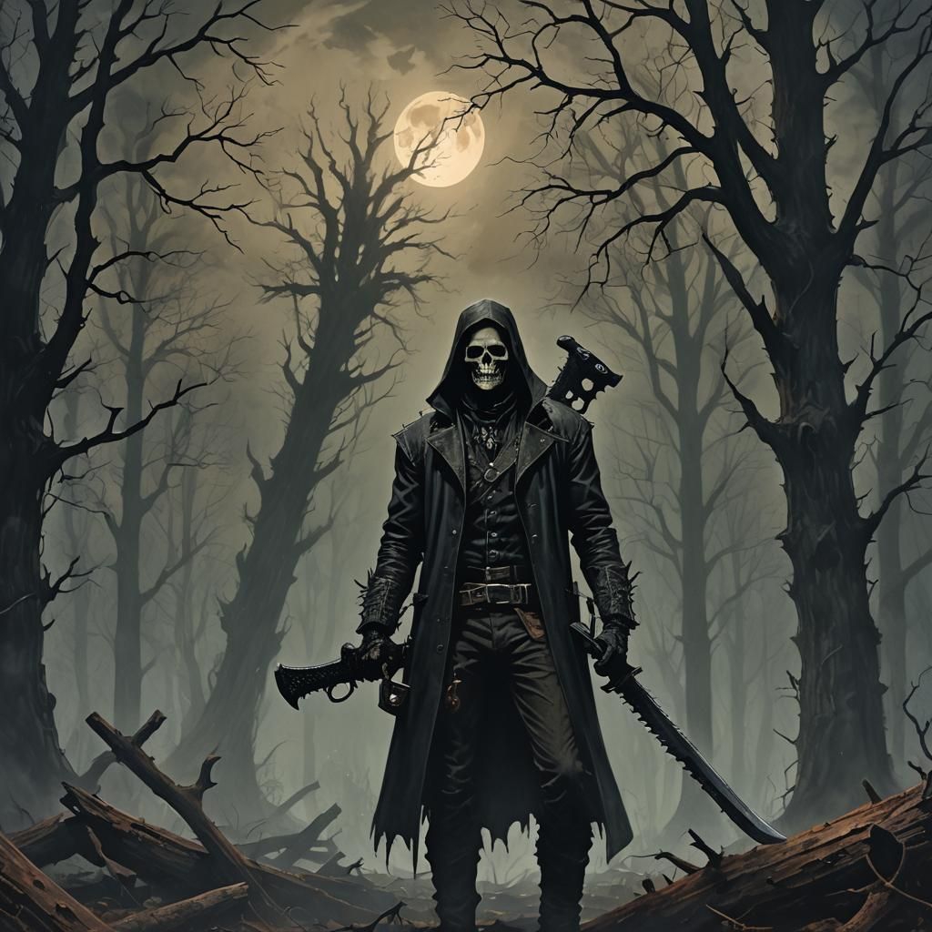 Gothic Horror Figure in Moonlit Forest