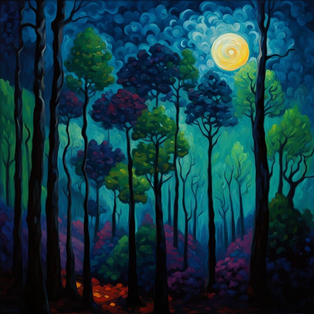 Mond Und Wald Im Neo-Impressionistischen Stil