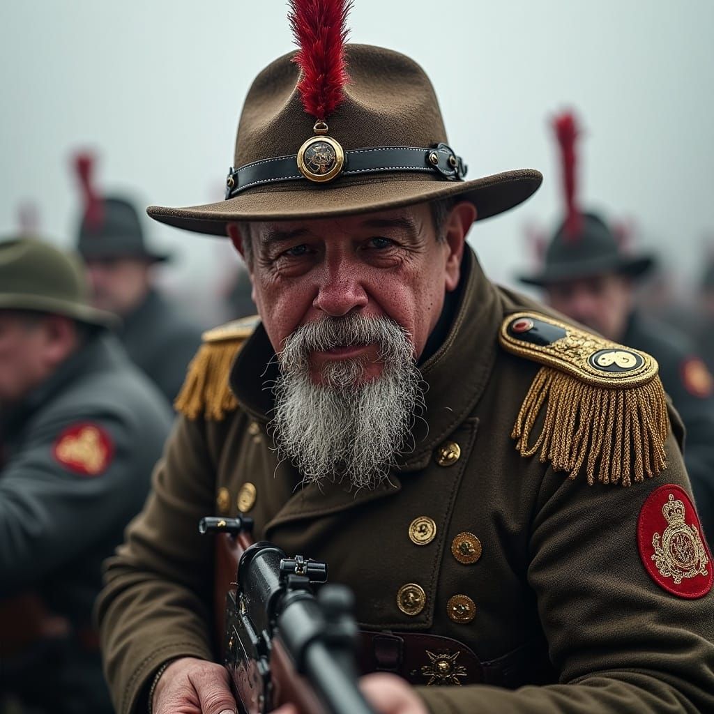 <lora:memyselfandI:1.0> depicted as a common British soldier in an -imaginary steampunk retro-futuristic war