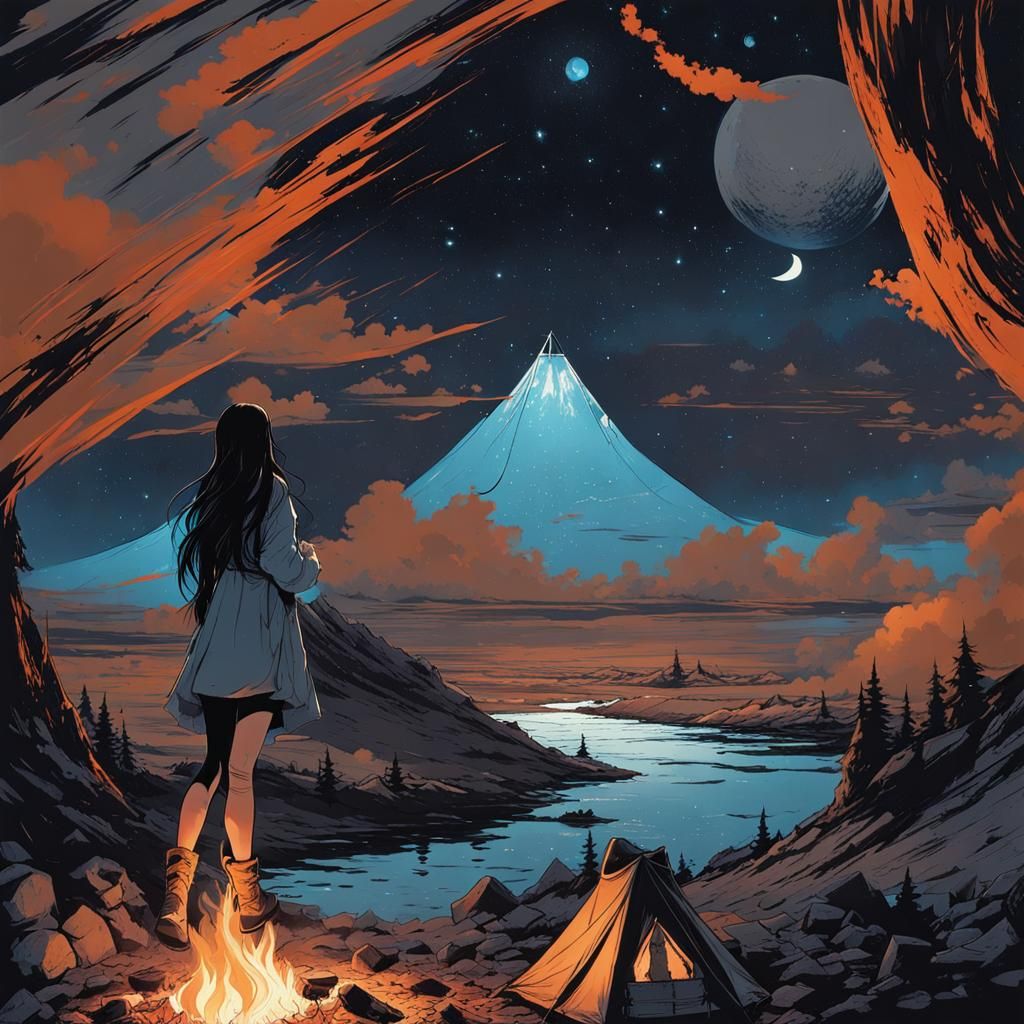 Girl Camping on the Moon with Galaxy Backdrop