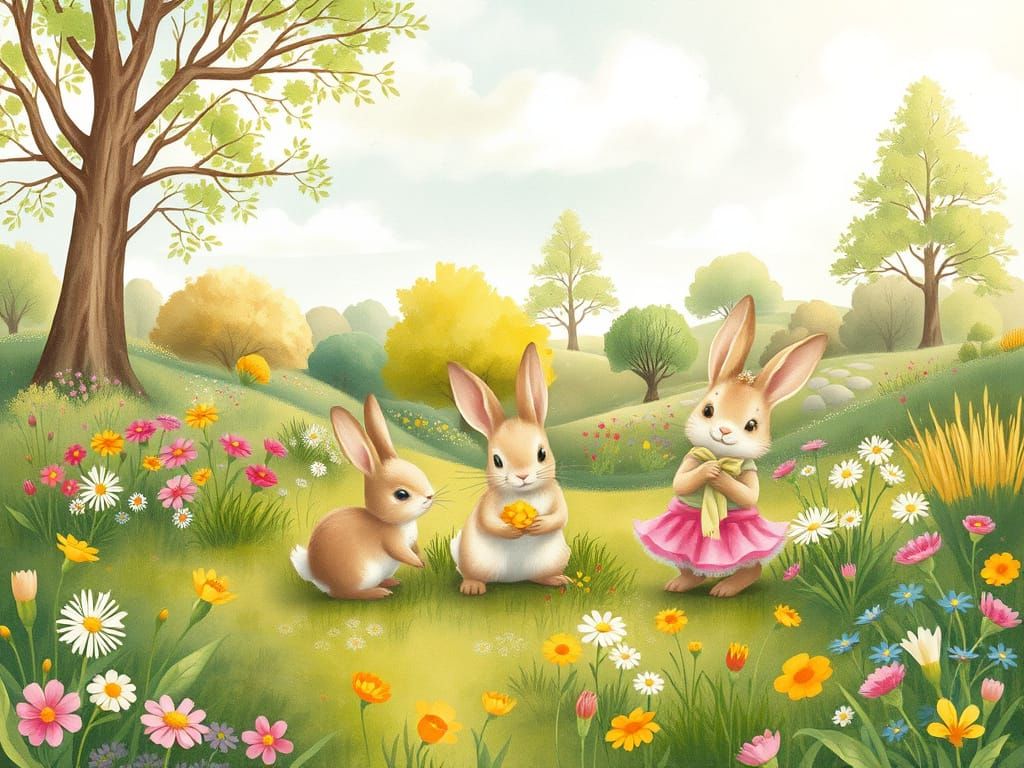 Whimsical Spring Wonderland in Watercolor Style