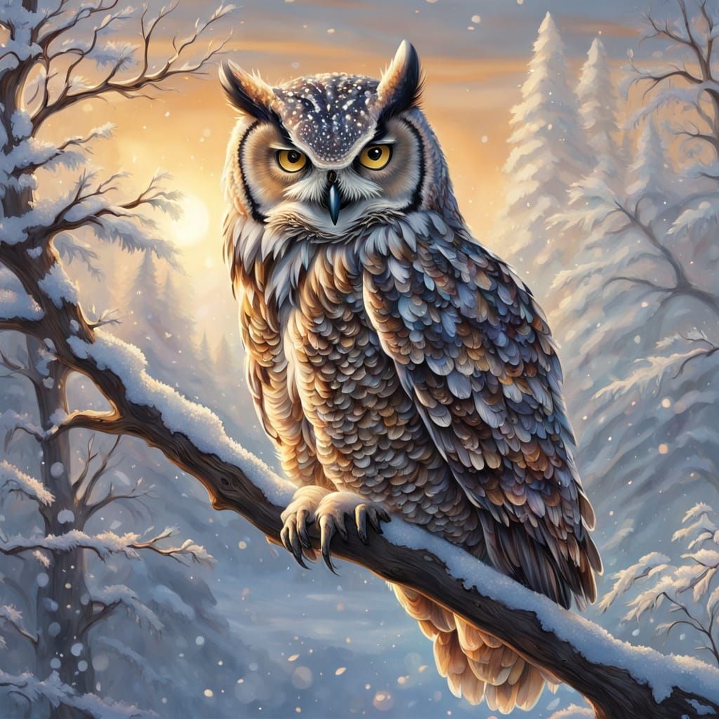 Hyperrealistic Owl with Iridescent Feathers