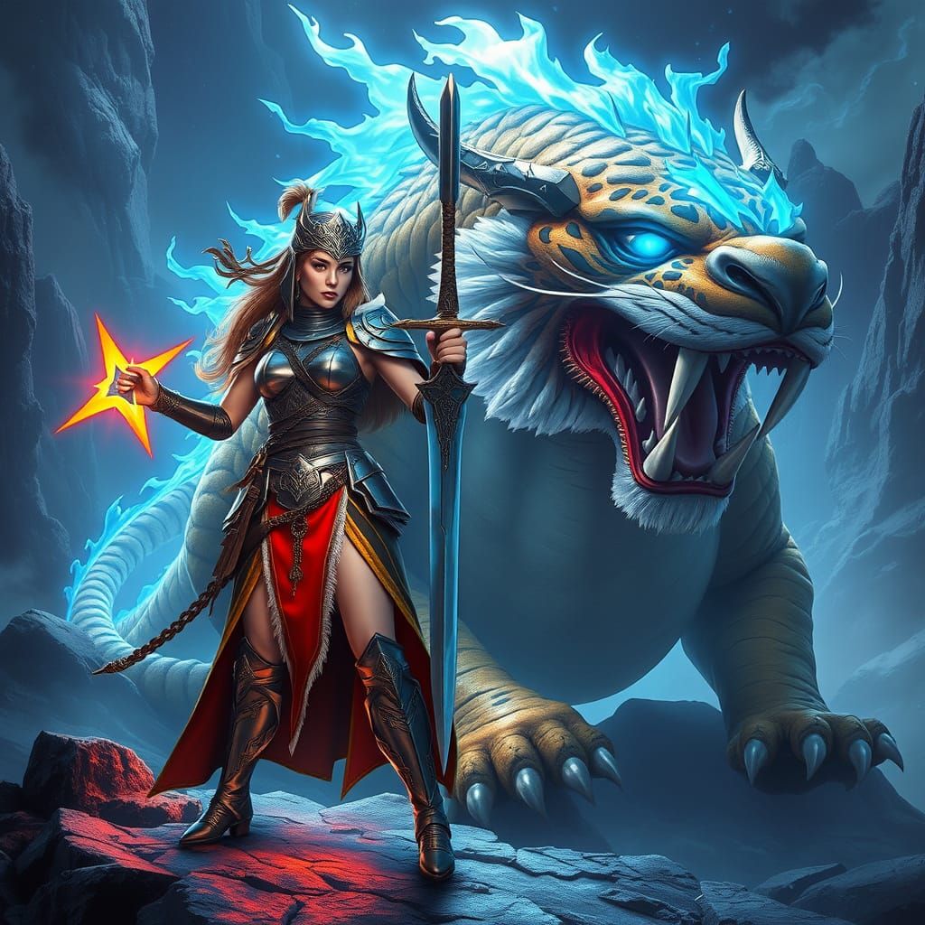 Warrior Princess and Tiger-Dragon in Cyberpunk Realm