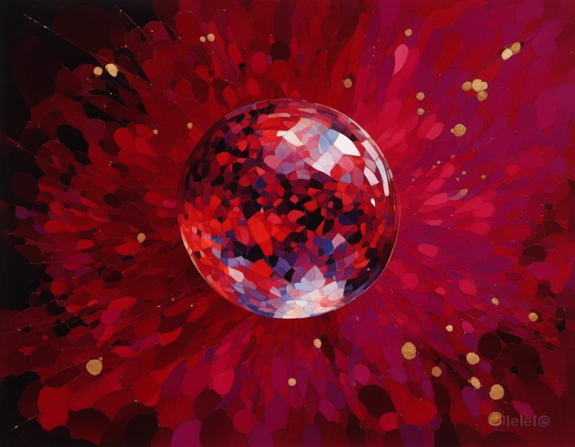 Radiant Red Crystal Orb with Sparkling Collage Effect
