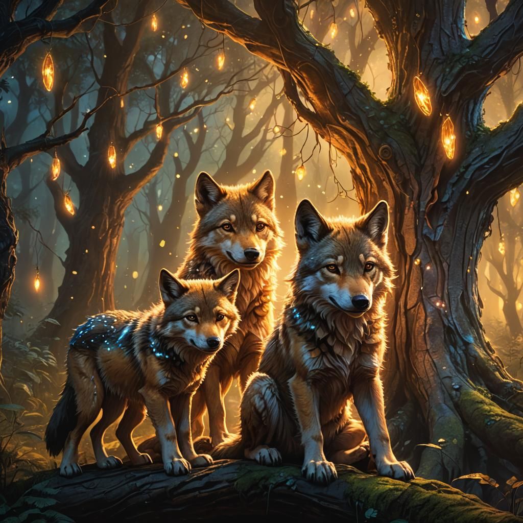 Anthropomorphic Wolf Cubs Explore Mystical Forest