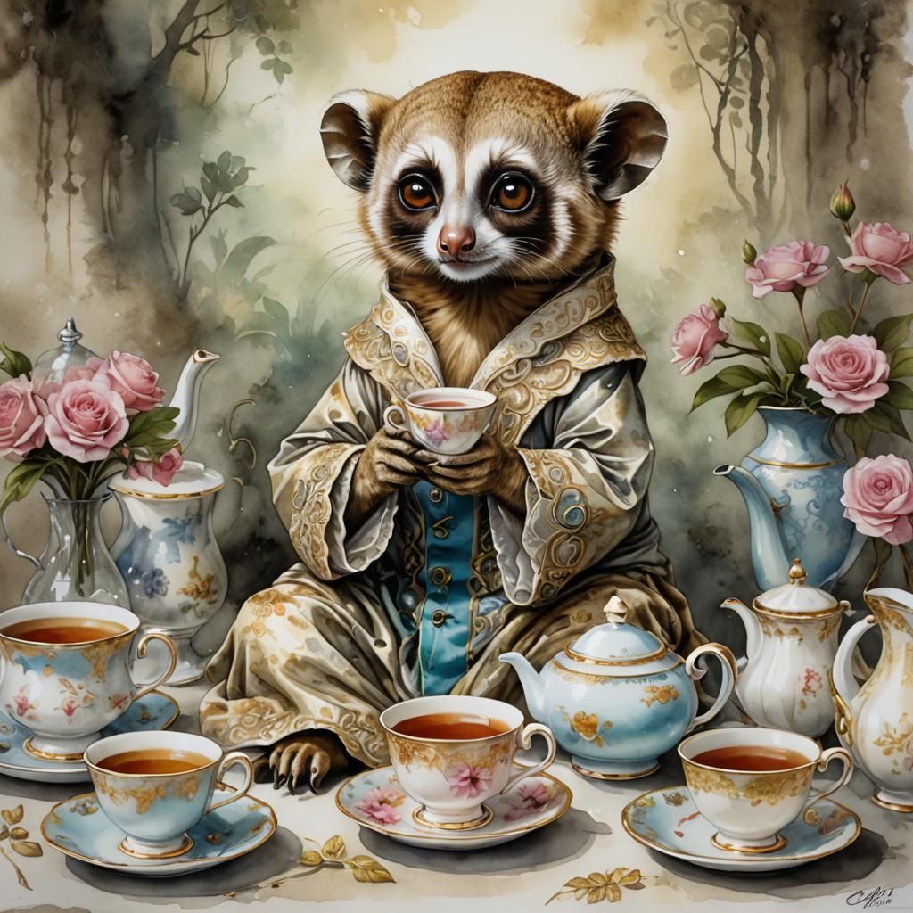 Slow Loris, DRESSED FOR TEA, dreamy, storybook illustration, decoupage, alcohol ink, Loish, LUIS ROYO
