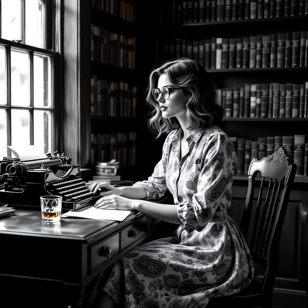Introspective Woman at Antique Desk, Durer-esque Style