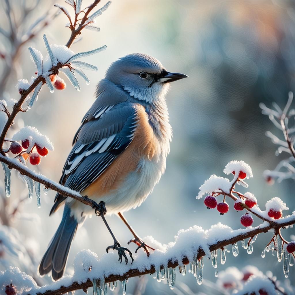 Winter Forager Bird in Frosted Impressionism Style