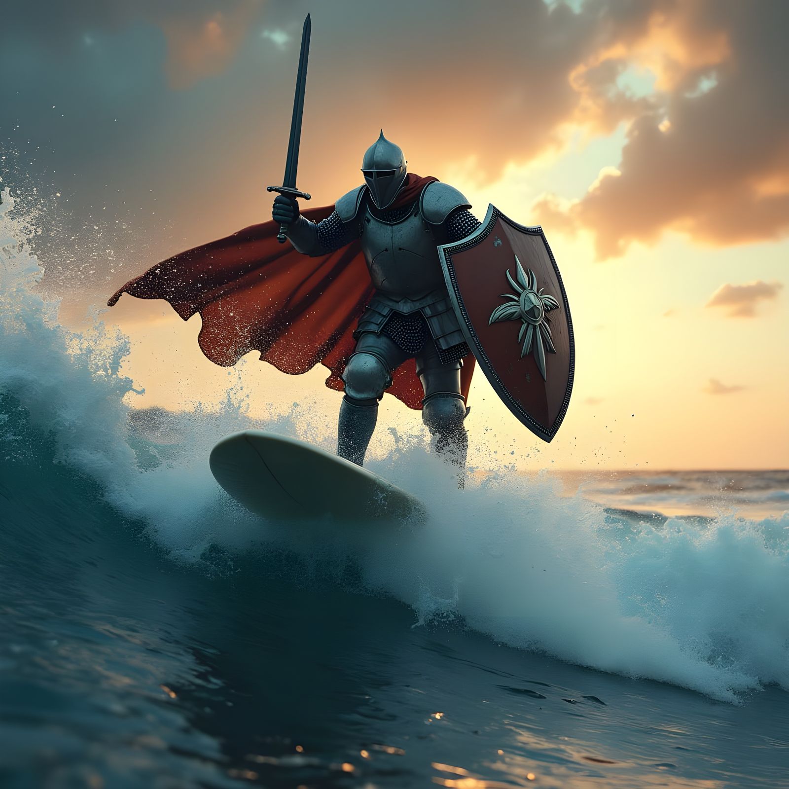 Medieval Knight Rides Shield Surfboard on Ocean Waves