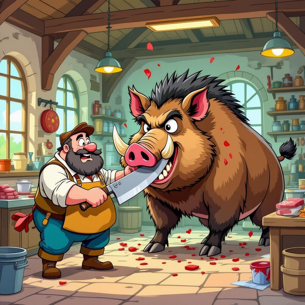 Bavarian Butcher Faces Rampaging Wild Boar in Cartoon Style