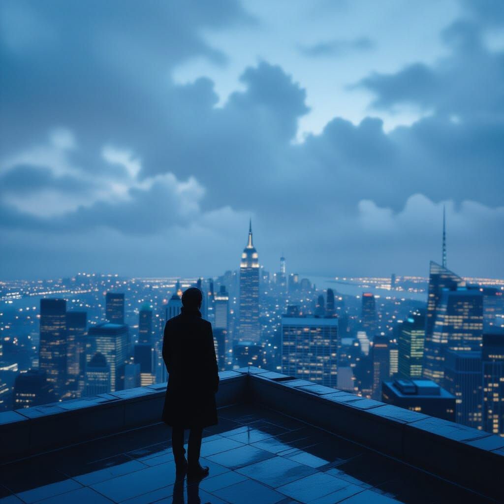 Writer on Rooftop in Cinematic Style