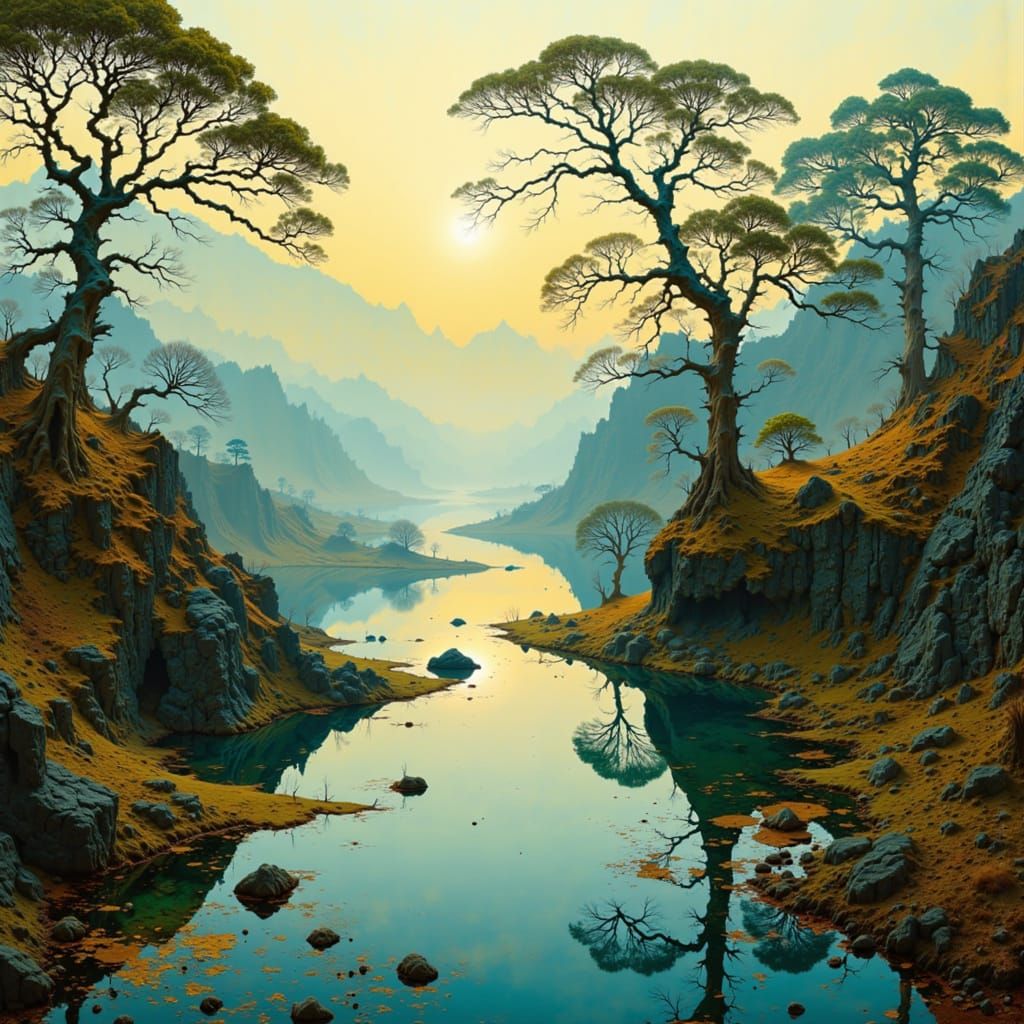 Hazy River Landscape in Novum Arte Style