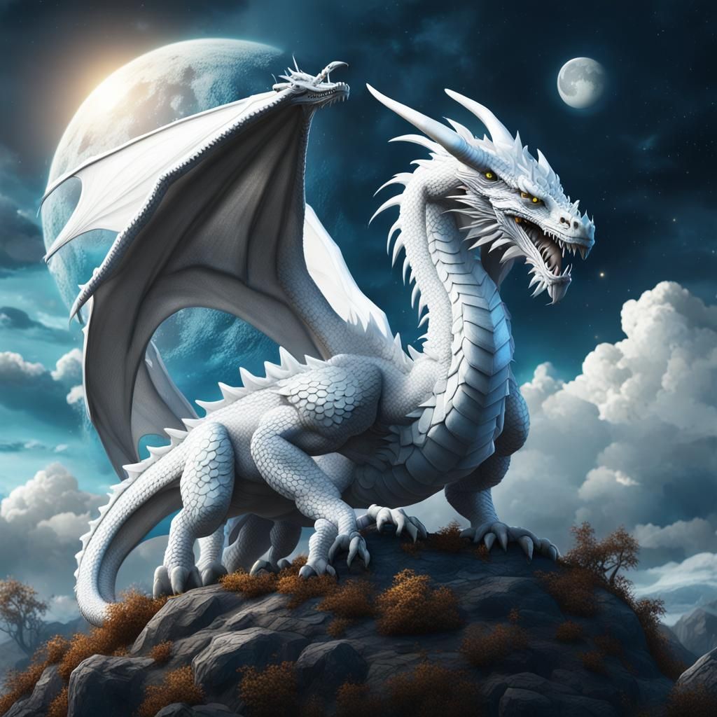 White Dragon Guarding Eggs: Fantasy Concept Art