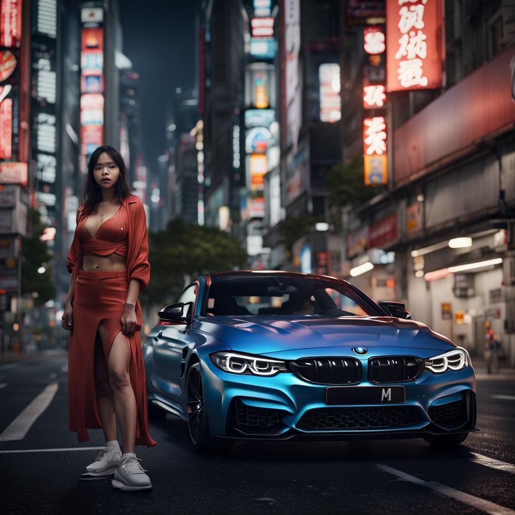 BMW M4 Competition at Night in Tokyo, Fantasy Art Style