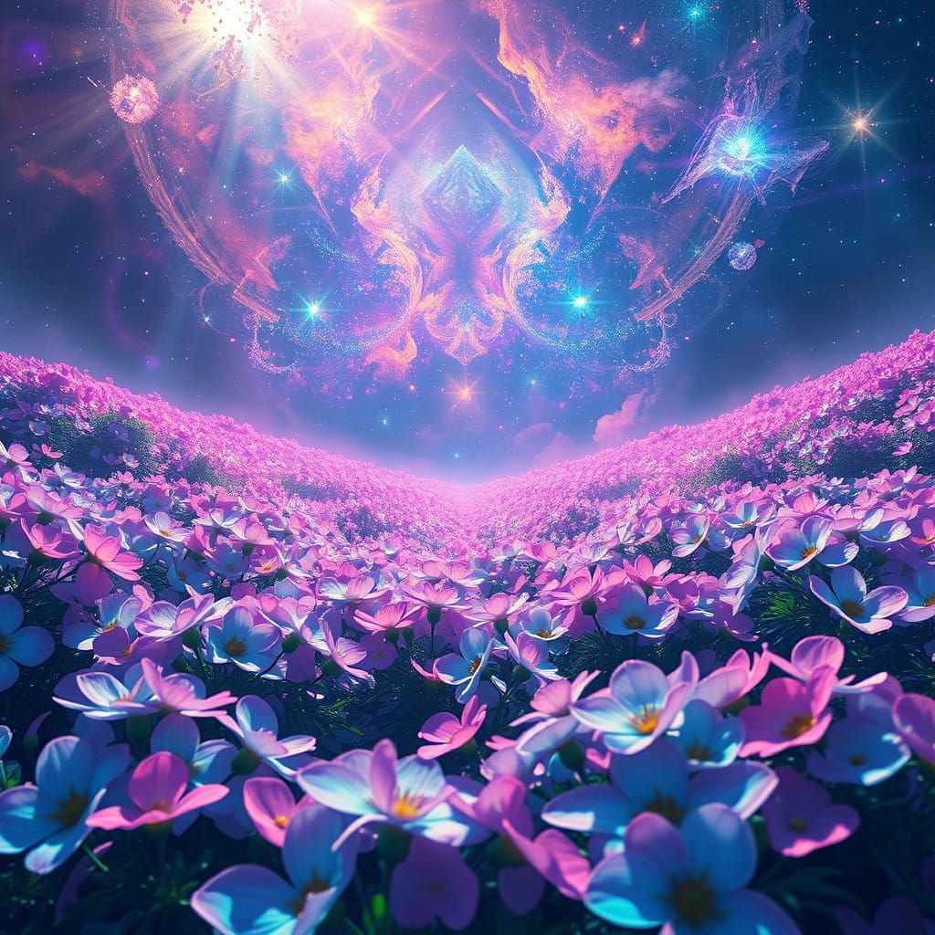 Ethereal Landscape with Vibrant Blossoms in a Surreal Cosmos