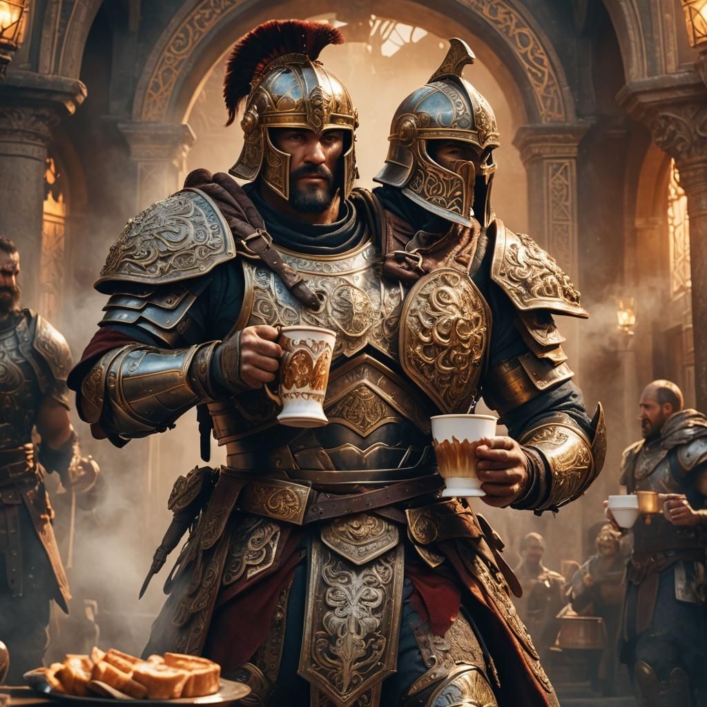 Gladiator Sipping Coffee: Matte Painting in Golden Hour