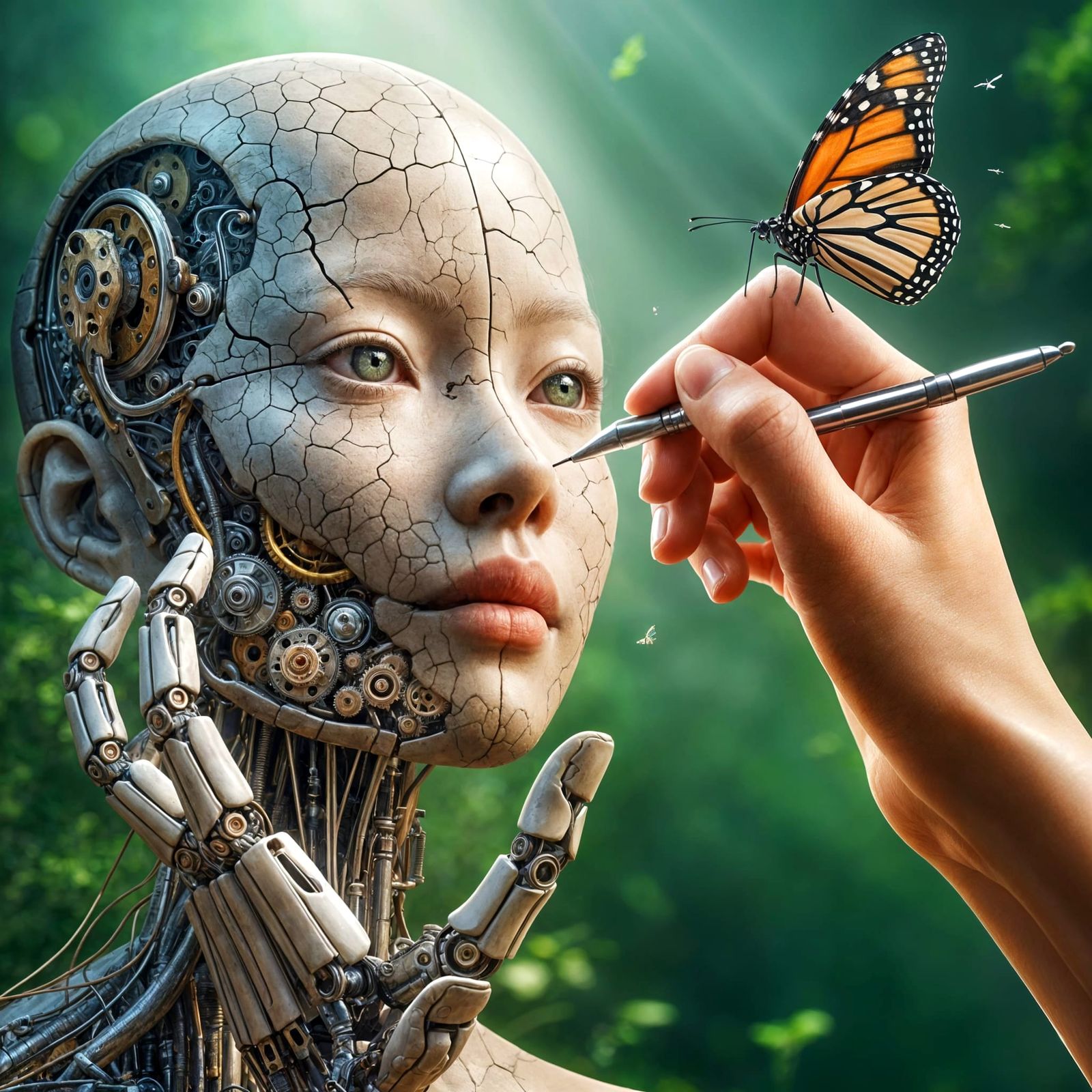 Surreal Robot Sculpted with Pen, Monarch Butterfly