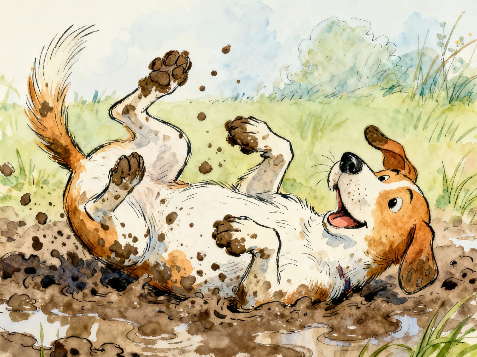 Cute Dogs Play in Mud in Whimsical Illustration Style